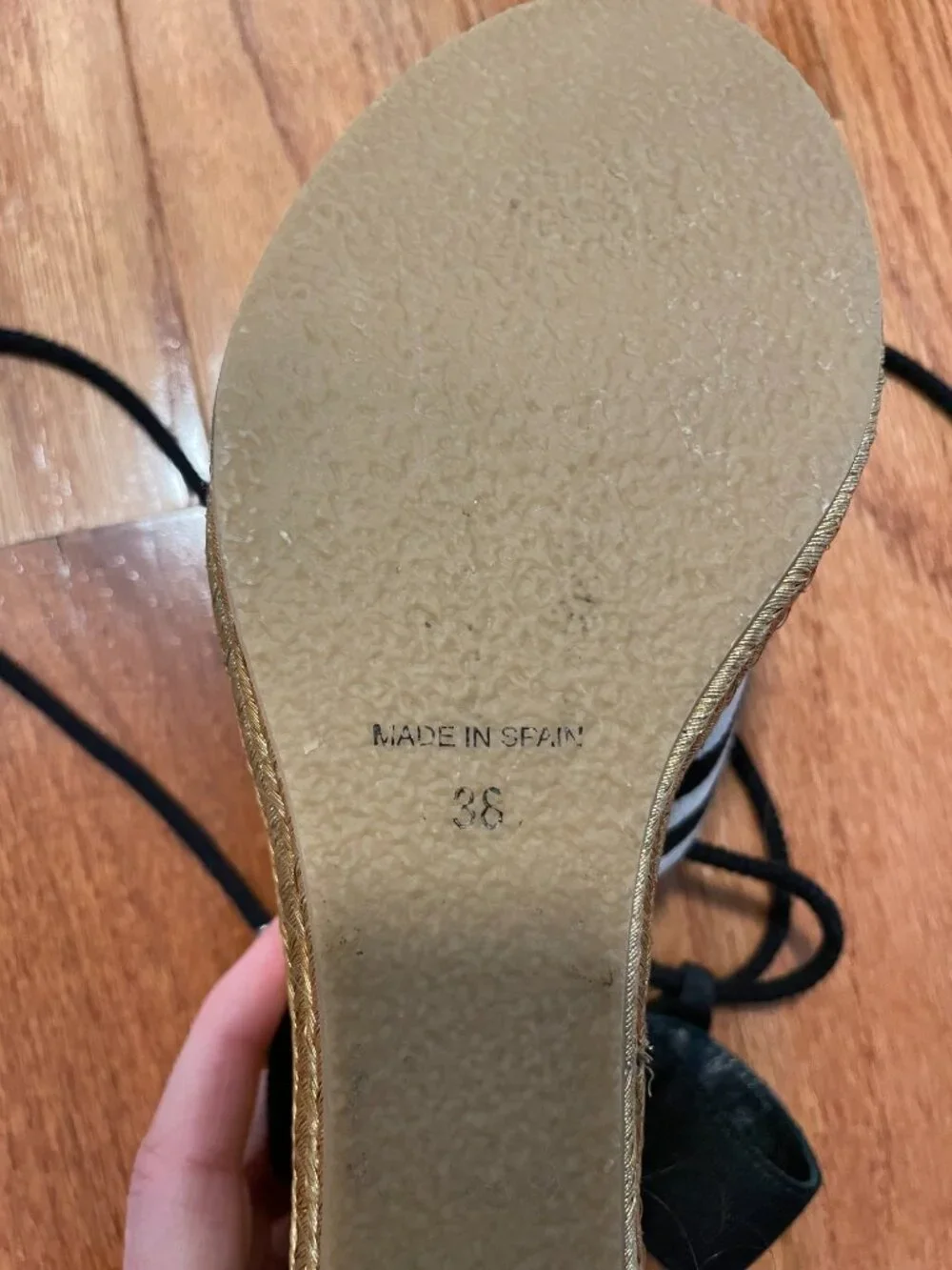 Marc Jacobs Dani Striped Canvas Wedge Espadrille Sandals Gold Heel Size 38